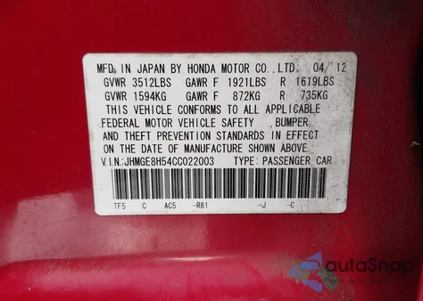 2012 Honda Fit Sport z USA, uszkodzony, nr VIN JHMGE8H54CC022003